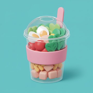  plastic cup filled with various colorful food items, including eggs, tomatoes, and leafy greens