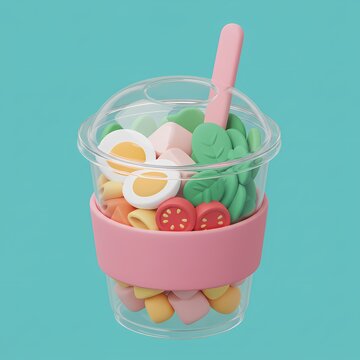  plastic cup filled with various colorful food items, including eggs, tomatoes, and leafy greens