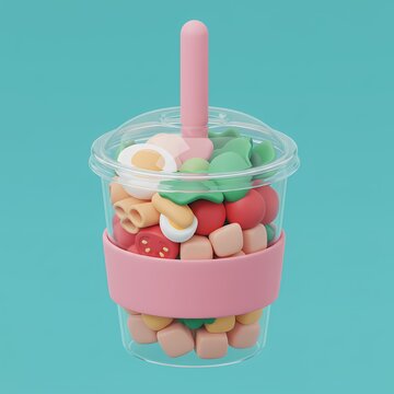  plastic cup filled with various colorful food items, including eggs, tomatoes, and leafy greens