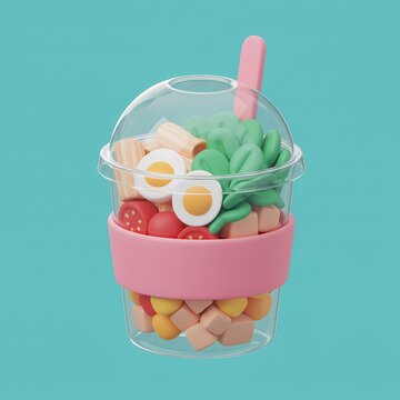  plastic cup filled with various colorful food items, including eggs, tomatoes, and leafy greens