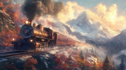 A vintage steam train traveling through snowy mountain passes
