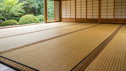 Several light brown tatami mats are neatly arranged on a wooden floor, creating a traditional Japanese flooring in a room with shoji screens