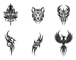 Obraz premium Tribal tattoo design set with skulls animals wings and floral patterns in black vector style