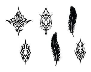 Black and white vector tattoo art and feather silhouettes set with decorative nature elements