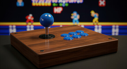 Vintage arcade joystick with colorful buttons resting on a wooden surface, highlighting nostalgic gameplay