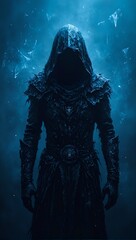 Fototapeta premium Mysterious cloaked figure with arcane symbols in high contrast darkness amid abstract blue gradient evoking digital decay