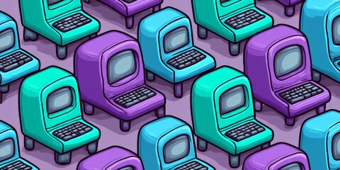 Seamless repeat pattern with hand drawn cartoon computer icons in vibrant retro palette on turquoise background ideal for tech sticker design and playful wallpaper use