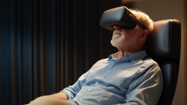 Senior man enjoying virtual reality experience, wearing VR headset while relaxing in modern chair, concept of technology, entertainment, and immersive digital innovation for older adults.