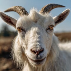 Fototapeta premium Vertical closeup shot of a tame white goat staring at the camera