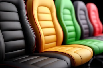 Obraz premium Variety of multicolored ergonomic car seats arranged in dark studio with soft light gradients highlighting luxury textures and seating surface detail