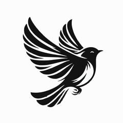 Obraz premium A black and white stylized illustration of a bird in midflight. Its wings are fully extended, showcasing a sleek, elegant design