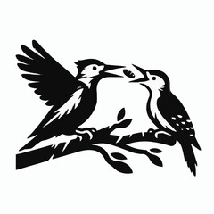Fototapeta premium Woodpecker Family Bird Feeding Branch Nest Wildlife Nature Black White