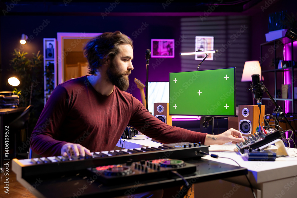 Poster Sound producer learning new piano notes on midi controller, playing acoustic melody on electronic keyboard synthesizer with greenscreen on display. Singer watches tutorials to play music.