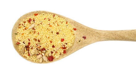 Couscous pile in wooden spoon, uncooked cous cous with dried vegetables and spices isolated on white background, top view
