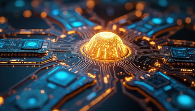 Futuristic tech concept with glowing quantum computing processor. Modern digital technologies, advanced integrated circuit, central processing unit CPU, AI, machine learning, quantum mechanics.