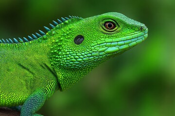Fototapeta premium Closeup of vivid green iguana head with scaled texture and sharp focus on eye showcasing reptile detail and natural color intensity in wildlife portrait style