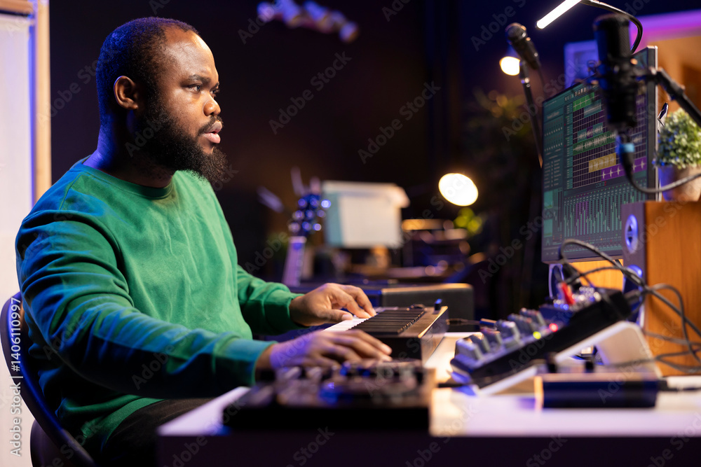 Leinwandbilder Skilled music producer creating new songs on midi controller synthesizer, working with mixing console and professional software on pc. Male artist using piano and mastering acoustical tunes.