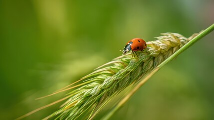 Fototapeta premium Ladybug on an ear of grain, a macro photograph, with a green background