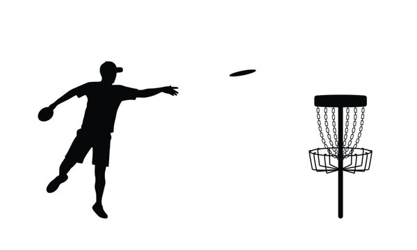 disc golf silhouette. disc golf player throwing disc to the disc golf basket
