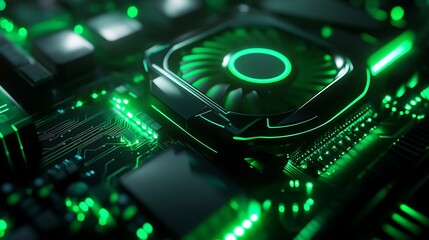 Illuminated green motherboard showcasing computer hardware components including cooling fan, circuit pathways, and heat sinks.