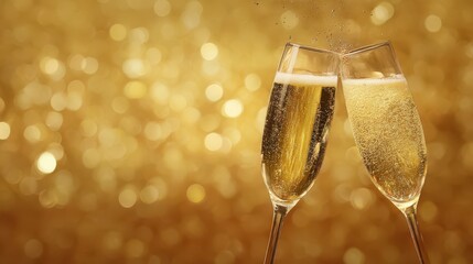 Two glasses of champagne clinking against a golden bokeh background, a New Year's concept