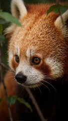 Obraz premium Close up portrait of a vibrant red panda eye showcasing curiosity and beauty in its natural forest setting