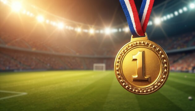 Gold medal close-up. Award for first place winner in sports competition. Stadium in background. Winning symbol, champion achievement. Victory prize for best athlete. Success. Sport event.