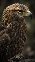 Fototapeta premium Close up of an eagles intense left eye with vivid yellow irises framed by intricate brown and gold feathers capturing the raw power and beauty of this majestic bird