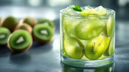 Refreshing Kiwi Cocktail with Ice and Slices in a Glass Perfect for Summer Drinks Healthy Bev