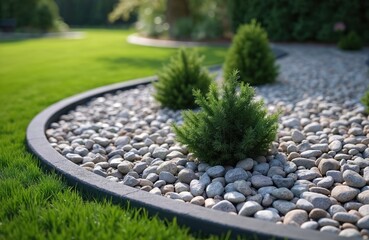 Landscaped garden design. Flower beds with stone chips, green plants, grass, modern yard. Residential exterior home architecture, zen outdoor decor, backyard. Decorative garden stones, rocks. Nature