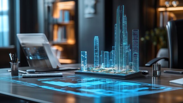 A modern office table with a small model of a skyscraper and digital holographic blueprints showcasing an advanced city design - Powered by Adobe