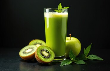 Fresh green juice in tall glass with kiwi fruit slices green apple mint leaves. Healthy diet with vitamins. Detox concept organic vegan vegetarian ingredients. Black background.