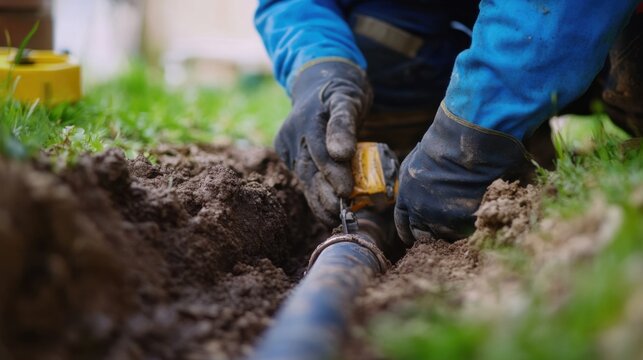 Plumber repairing a broken sewer line outside a house. Featuring skill and problem-solving