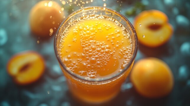 Refreshing Orange Juice with Bubbles and Fresh Fruits Top View for Healthy Lifestyle and Bever
