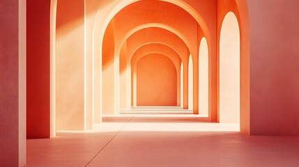 Minimalist architectural interior with modern pastel arches and oval windows, bathed in peach and pink tones with soft lighting and clean surfaces.