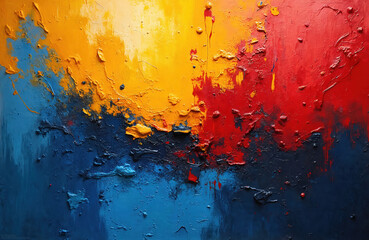 Fototapeta premium Abstract oil paint texture. Colors of Ukraine flag with paint splash effects. Bright, colorful art with blue, yellow, red, black. Patriotic background, symbol of Ukrainian nation.