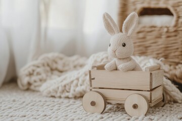 Toy bunny sits in a wooden cart on a soft rug surrounded by a cozy home atmosphere while sunlight streams through a nearby window