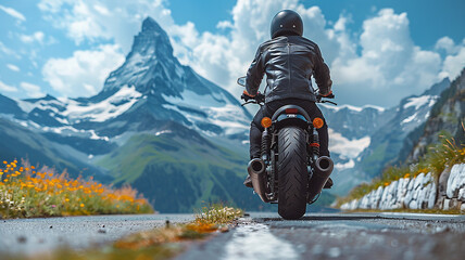 A photorealistic image of a retro motorcyclist on an alpine road in the Swiss Alps, surrounded by meadows with alpine flowers. In the background, the Matterhorn under a blue sky with white clouds.