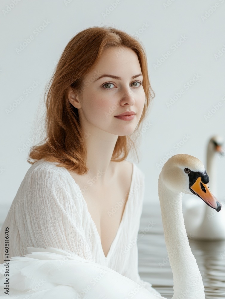 Poster Swan gliding gracefully on tranquil water in soft light with a seamless white background reflecting a serene atmosphere