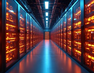 Server room data center in tunnel. Rows of server racks with orange lights. infrastructure, cloud computing, digital storage. Network servers, modern tech, information technology, high-speed data