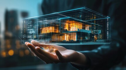 A person holding a hologram of a modern house in their hand, depicting the evolution of real estate in a digital future