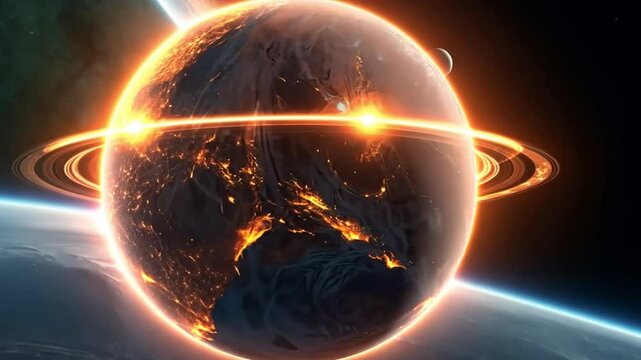 Planet with rings and bright light in space with another planet in the background view near earth