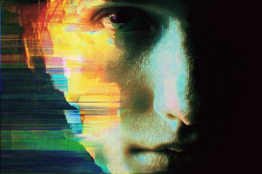 Abstract face with digital distortion and glitch effect, high contrast lighting with negative space for text