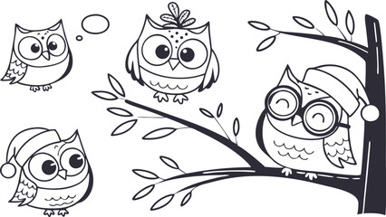 Fototapeta premium Cute Hand-Drawn Owl Vector Set – Line Art EPS Clipart Collection.eps