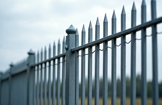 Galvanized steel palisade fence. Spiked metal fence on the property border, security barrier. Modern railing protects against intruders. Grey metal fence protects private territory.