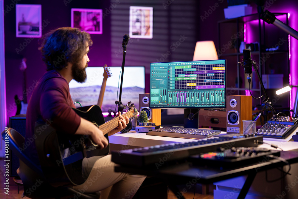 Aufkleber Music composer playing guitar to create songs and mix them after, having fun with musical instrument and controls in his home studio. Skilled producer songwriter creating a track, creative sounds.