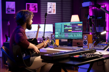 Music composer playing guitar to create songs and mix them after, having fun with musical instrument and controls in his home studio. Skilled producer songwriter creating a track, creative sounds.