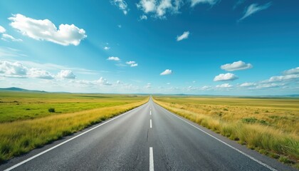 Fototapeta premium Straight highway road stretches distance. Blue sky, bright clouds, green fields. Empty street on a sunny day. Travel, journey, freedom concept. Open road ahead for inspiration.