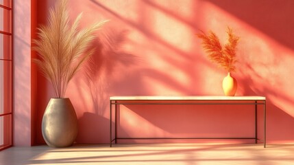 Modern Interior Design with Warm Tones and Decorative Elements Featuring Vases and Natural Ligh