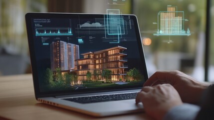 A person interacts with a real estate analysis dashboard displayed on a laptop in a digital workspace, with virtual property data floating around